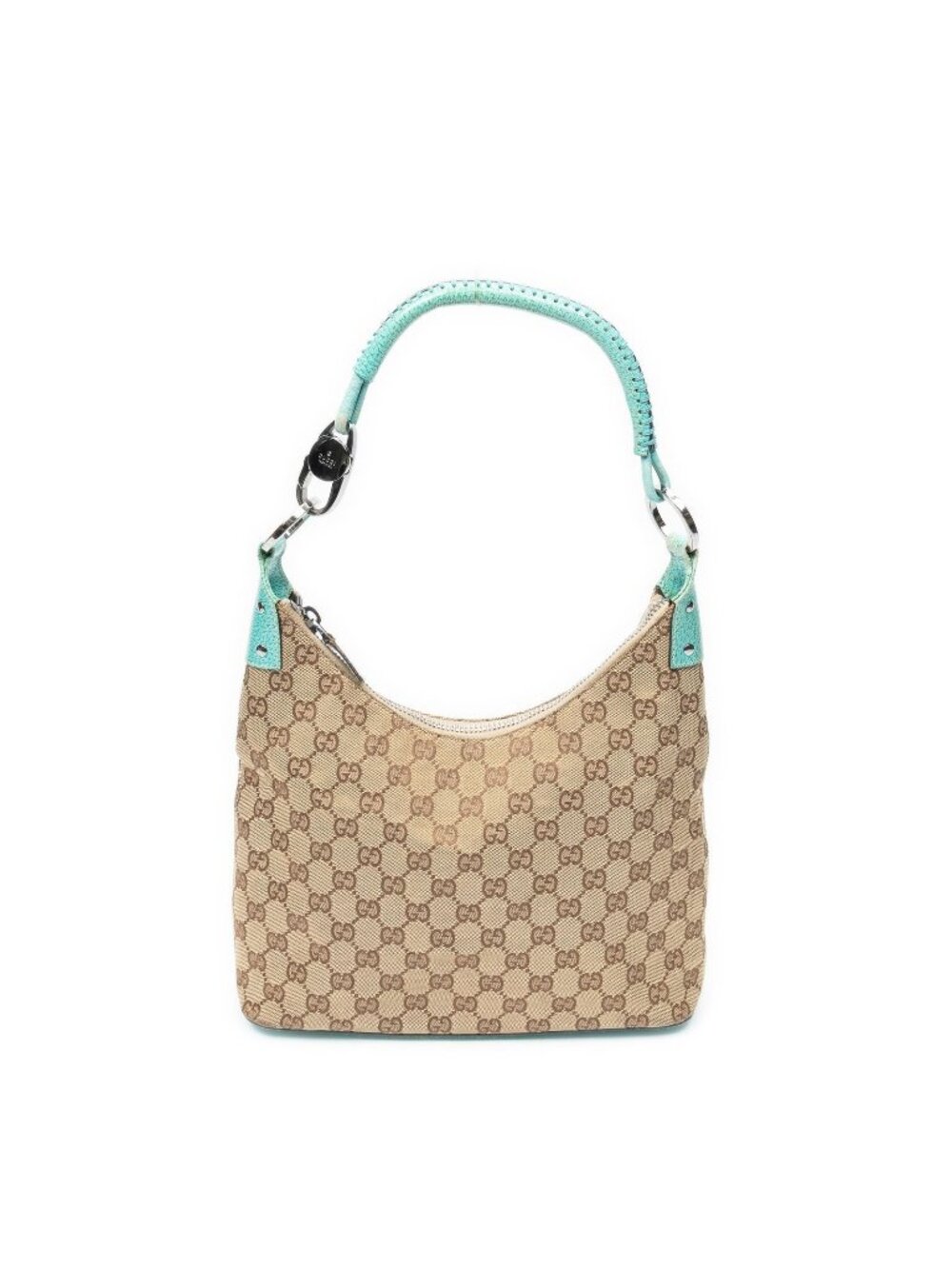 Gucci Ring Handle Zip Hobo Beige Teal GG Canvas